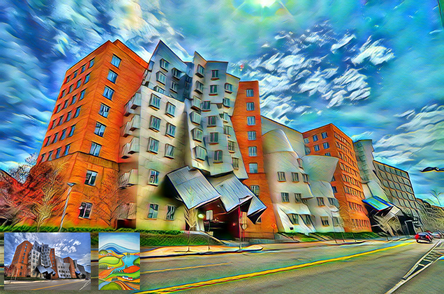 Massachusetts Institute of Technology' Ray and Maria Stata Center or Building 32 as seen by a Style-Transfer Generative Adversarial Network